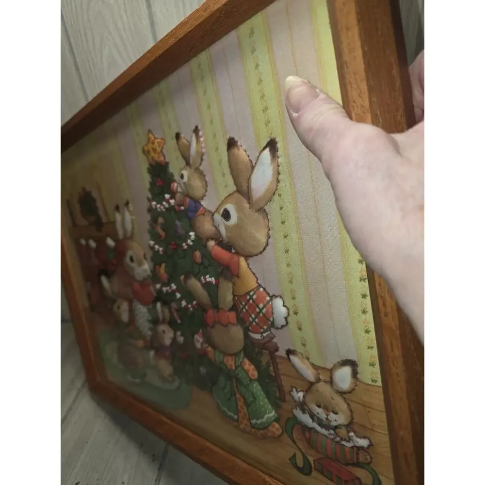 Vtg 80s Finished 3D Quilted Needle Craft Bunny Rabbit Family Christmas Framed